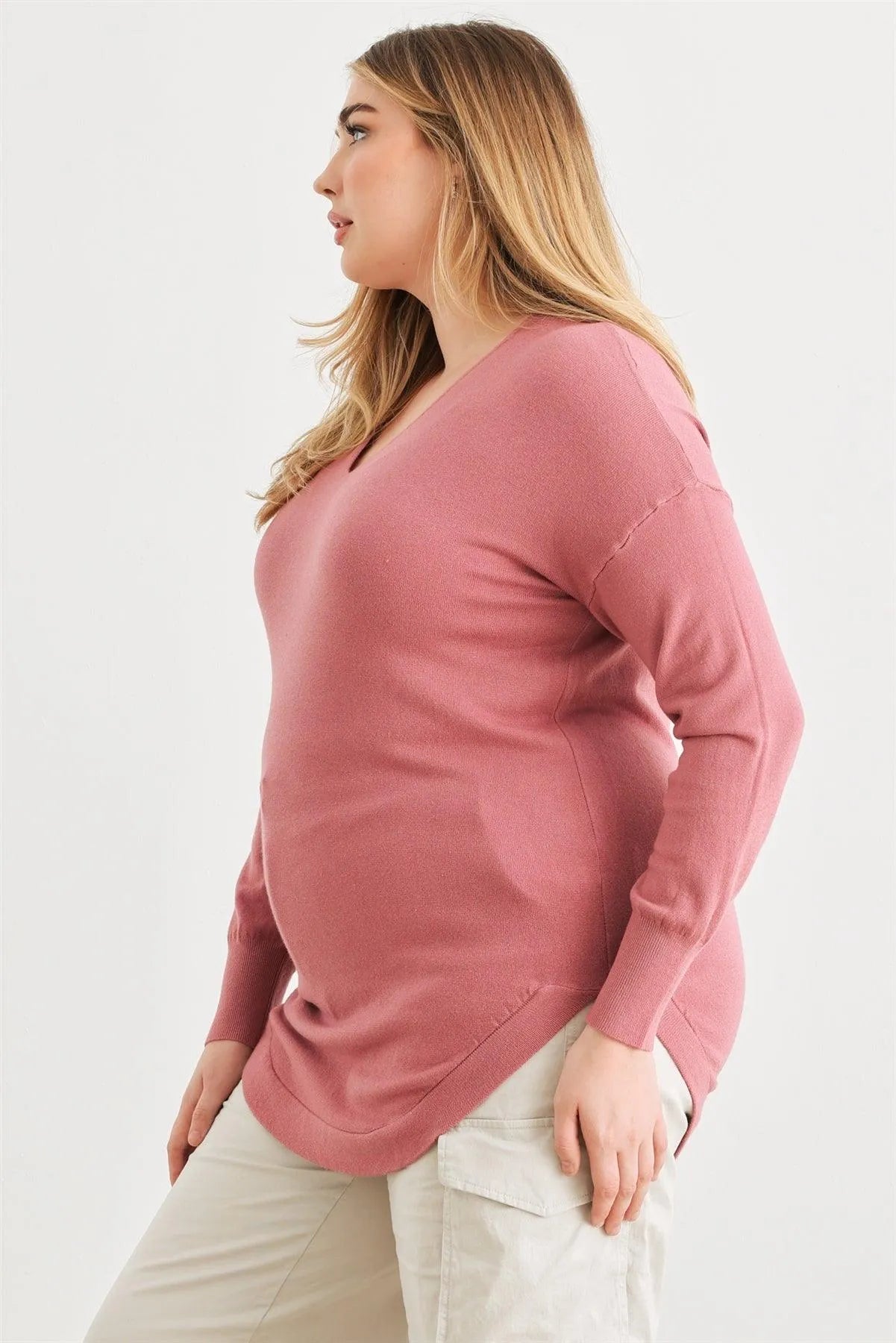 Junior Plus Dark Mauve Knit Back Lace-Up Curved Hem Top /1-2-2 - Tasha Apparel Wholesale