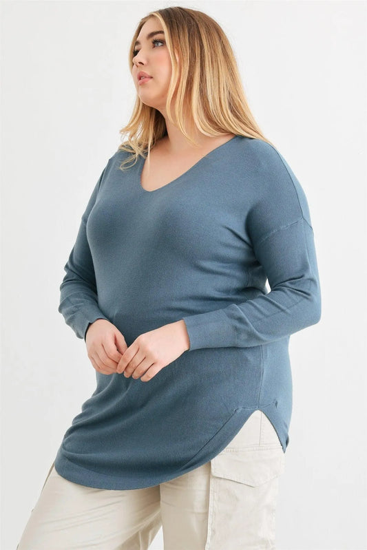 Junior Plus Denim Blue Knit Back Lace-Up Curved Hem Sweater /1-1-1 - Tasha Apparel Wholesale