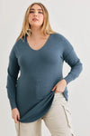 Junior Plus Denim Blue Knit Back Lace-Up Curved Hem Sweater /2-1-1 - Tasha Apparel Wholesale