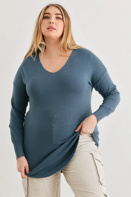 Junior Plus Denim Blue Knit Back Lace-Up Curved Hem Sweater /2-1-1 - Tasha Apparel Wholesale