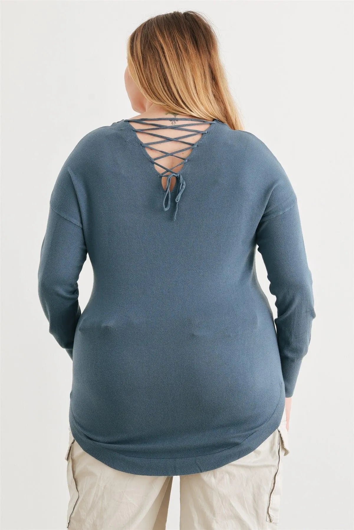 Junior Plus Denim Blue Knit Back Lace-Up Curved Hem Sweater /2-1-1 - Tasha Apparel Wholesale