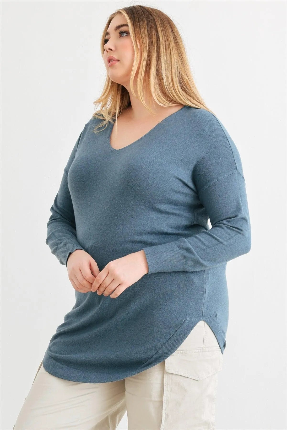 Junior Plus Denim Blue Knit Back Lace-Up Curved Hem Sweater /2-1-1 - Tasha Apparel Wholesale