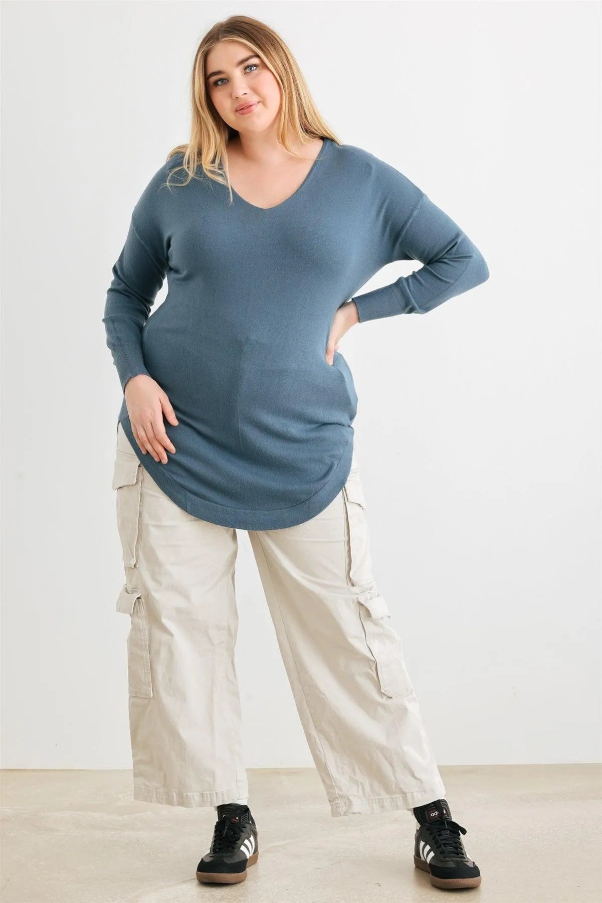 Junior Plus Denim Blue Knit Back Lace-Up Curved Hem Sweater /2-1-1 - Tasha Apparel Wholesale