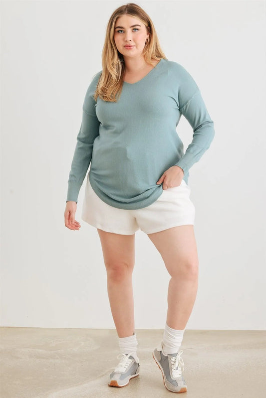 Junior Plus Sage Knit Back Lace-Up Curved Hem Sweater /2-1-1 - Tasha Apparel Wholesale