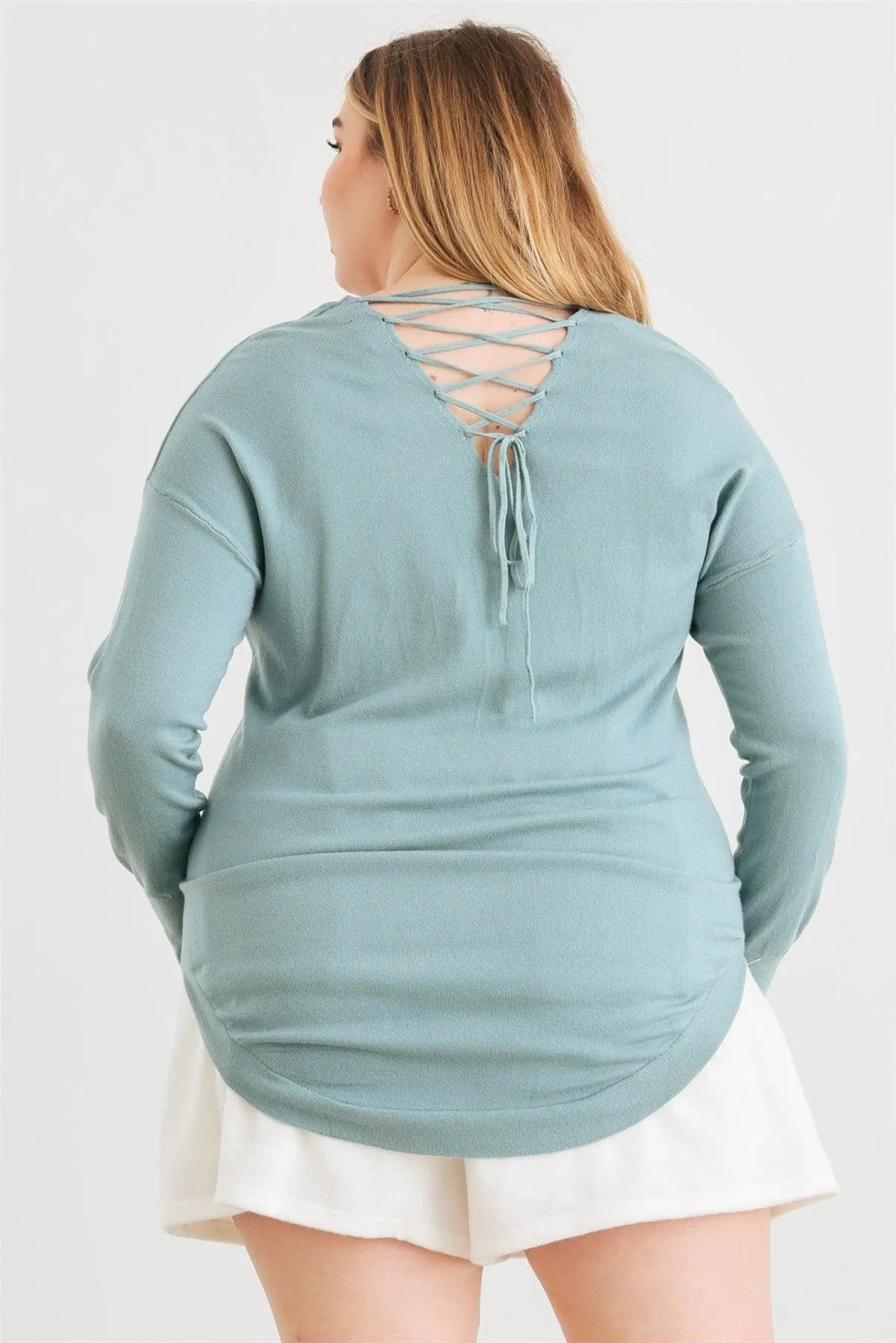 Junior Plus Sage Knit Back Lace-Up Curved Hem Sweater /2-1-1 - Tasha Apparel Wholesale