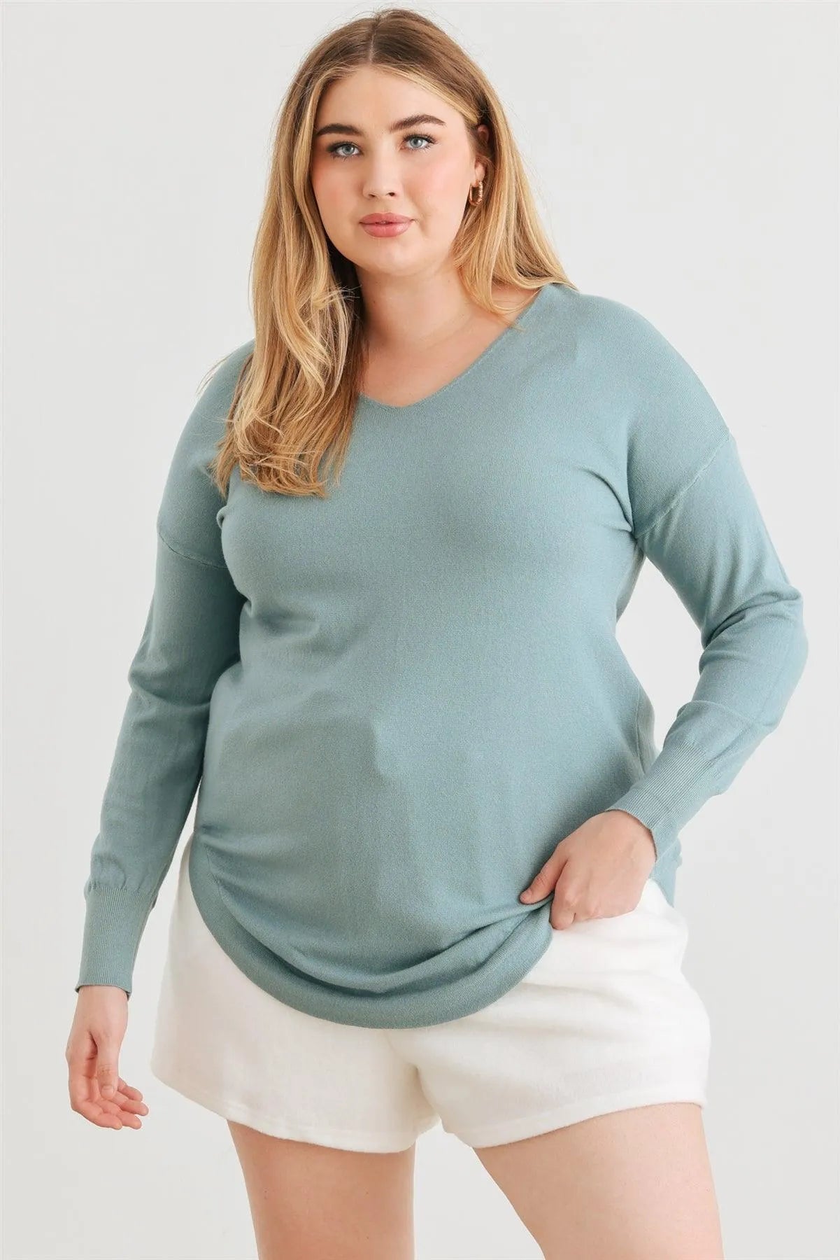 Junior Plus Sage Knit Back Lace-Up Curved Hem Sweater /2-1-1 - Tasha Apparel Wholesale