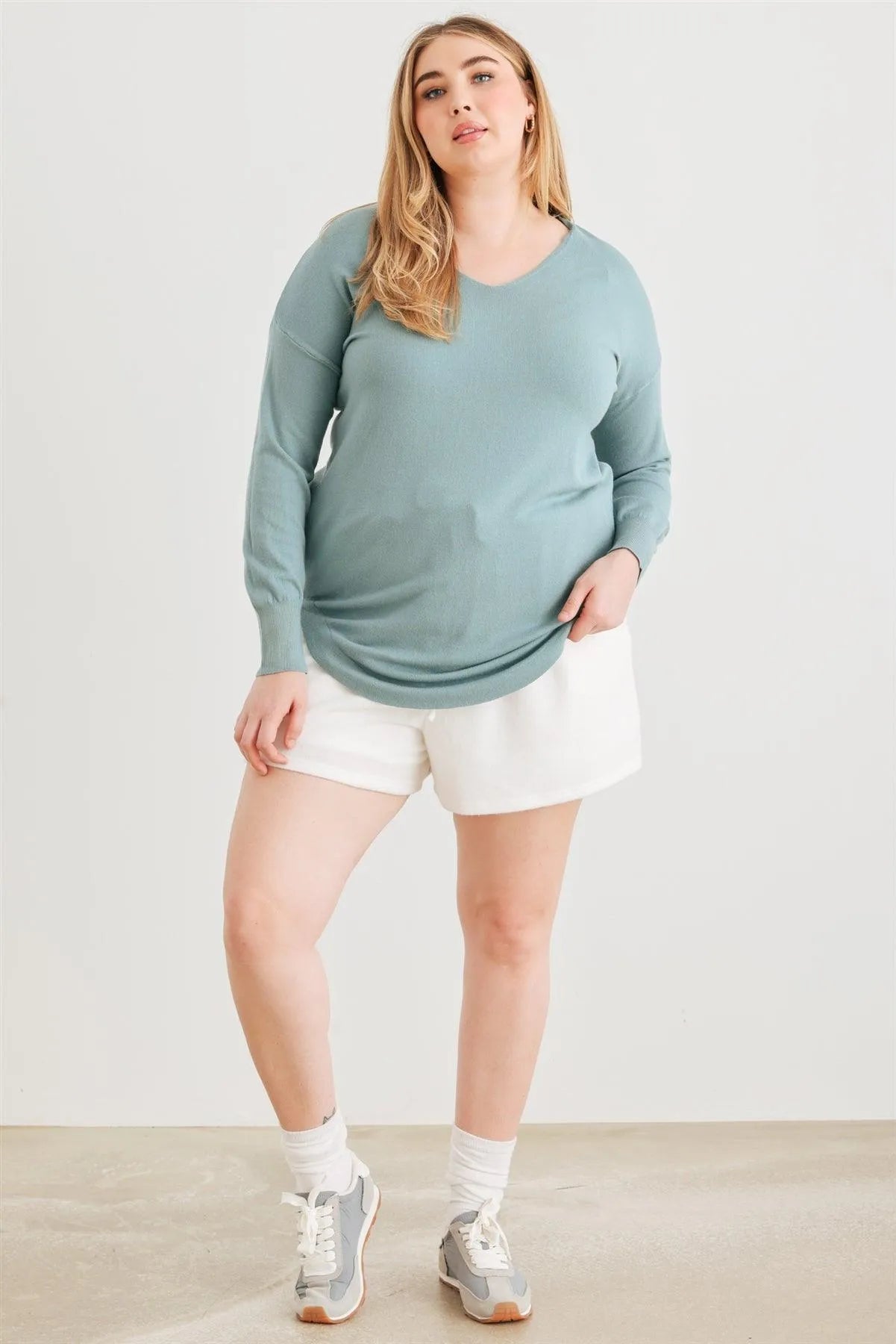 Junior Plus Sage Knit Back Lace-Up Curved Hem Sweater /2-1-1 - Tasha Apparel Wholesale