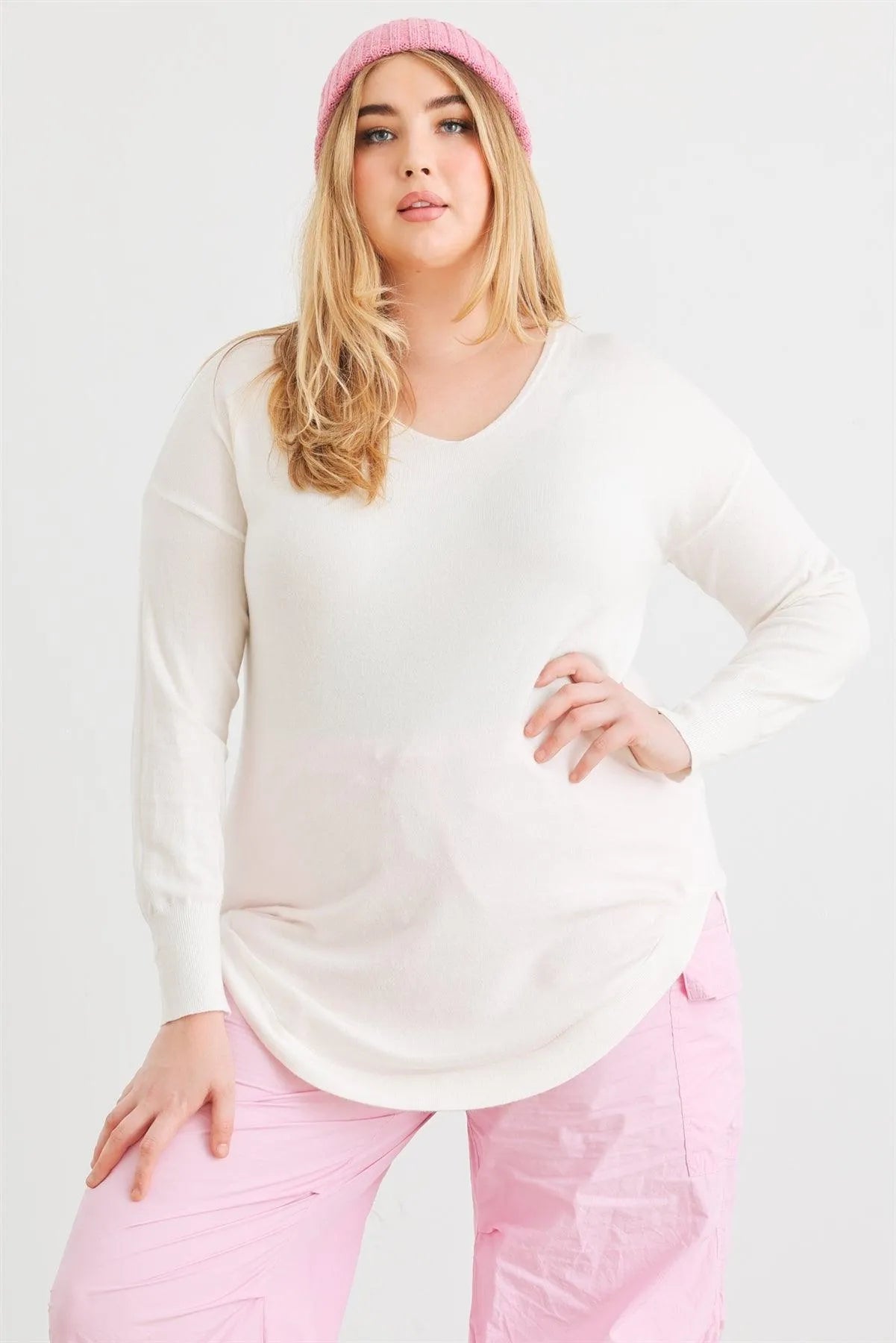 Junior Plus White Knit Back Lace-Up Curved Hem Sweater /1-1-1 - Tasha Apparel Wholesale