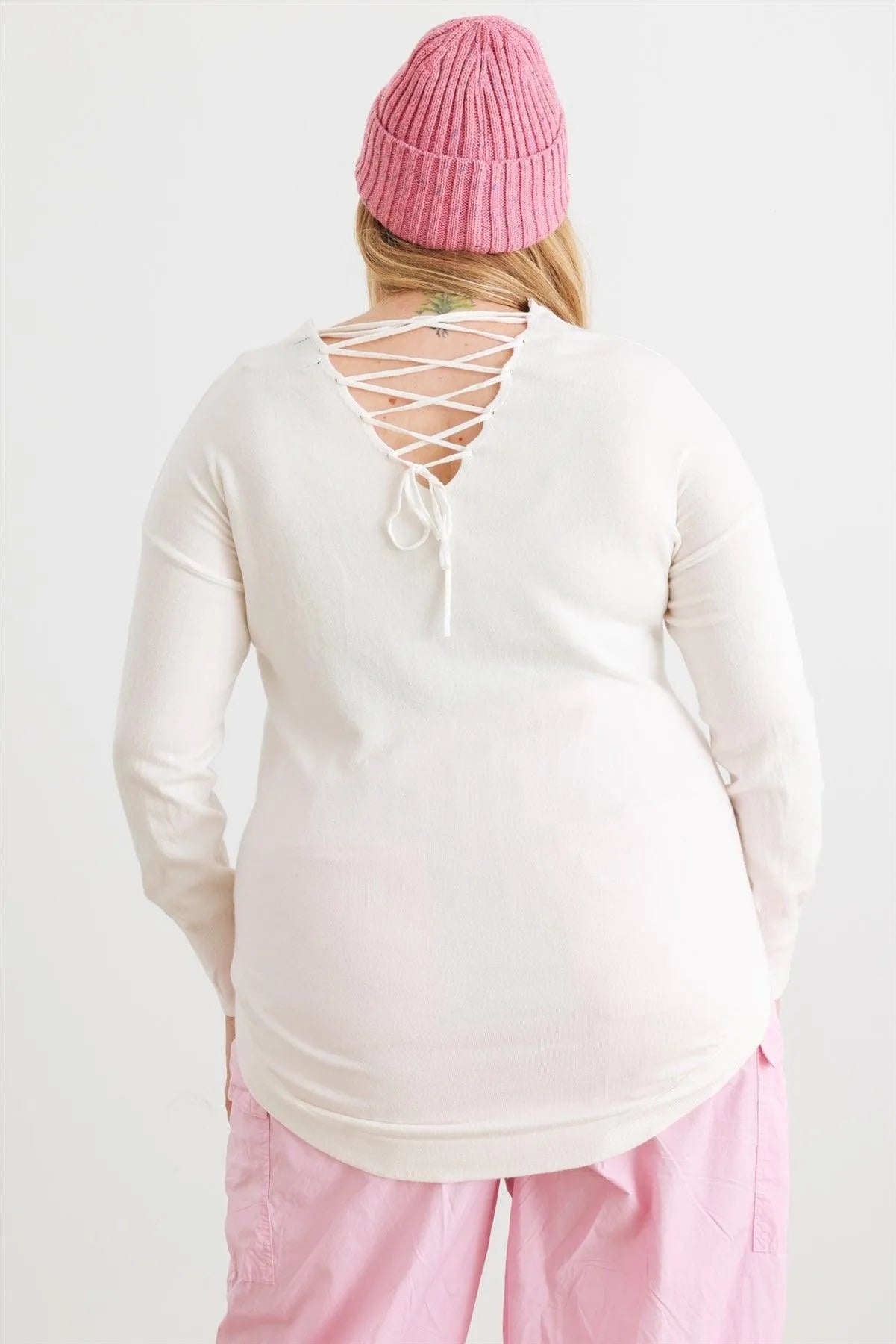 Junior Plus White Knit Back Lace-Up Curved Hem Sweater /1-1-1 - Tasha Apparel Wholesale