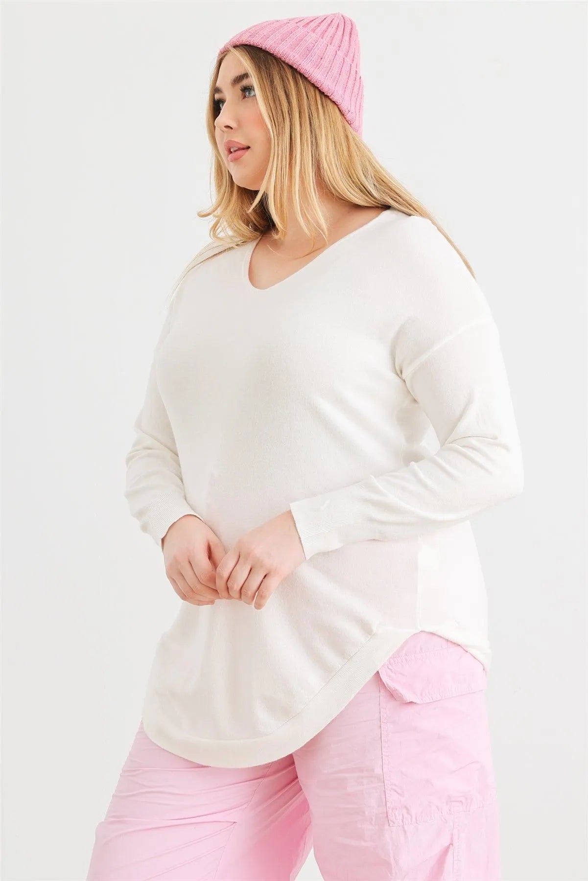 Junior Plus White Knit Back Lace-Up Curved Hem Sweater /1-1-1 - Tasha Apparel Wholesale