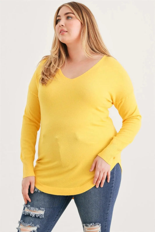 Plus Size Lace-Up Back Curved Hem Basic Knit Top - Tasha Apparel Wholesale
