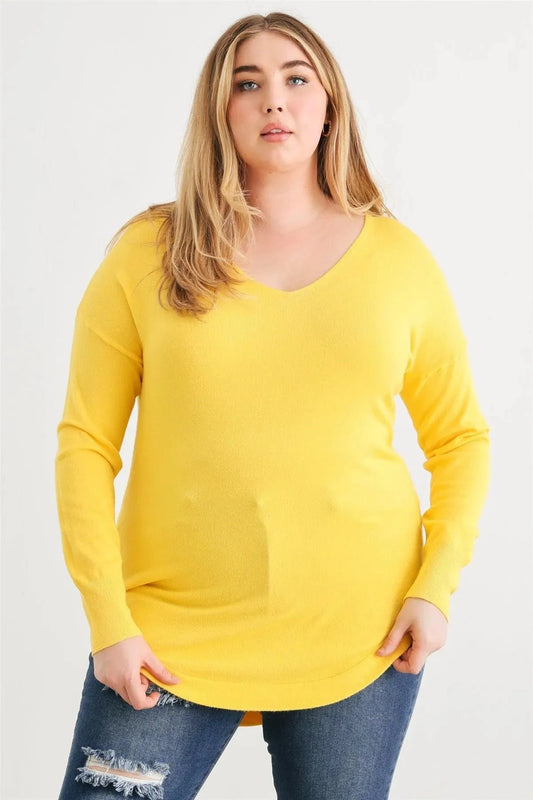 Plus Size Lace-Up Back Curved Hem Basic Knit Top - Tasha Apparel Wholesale