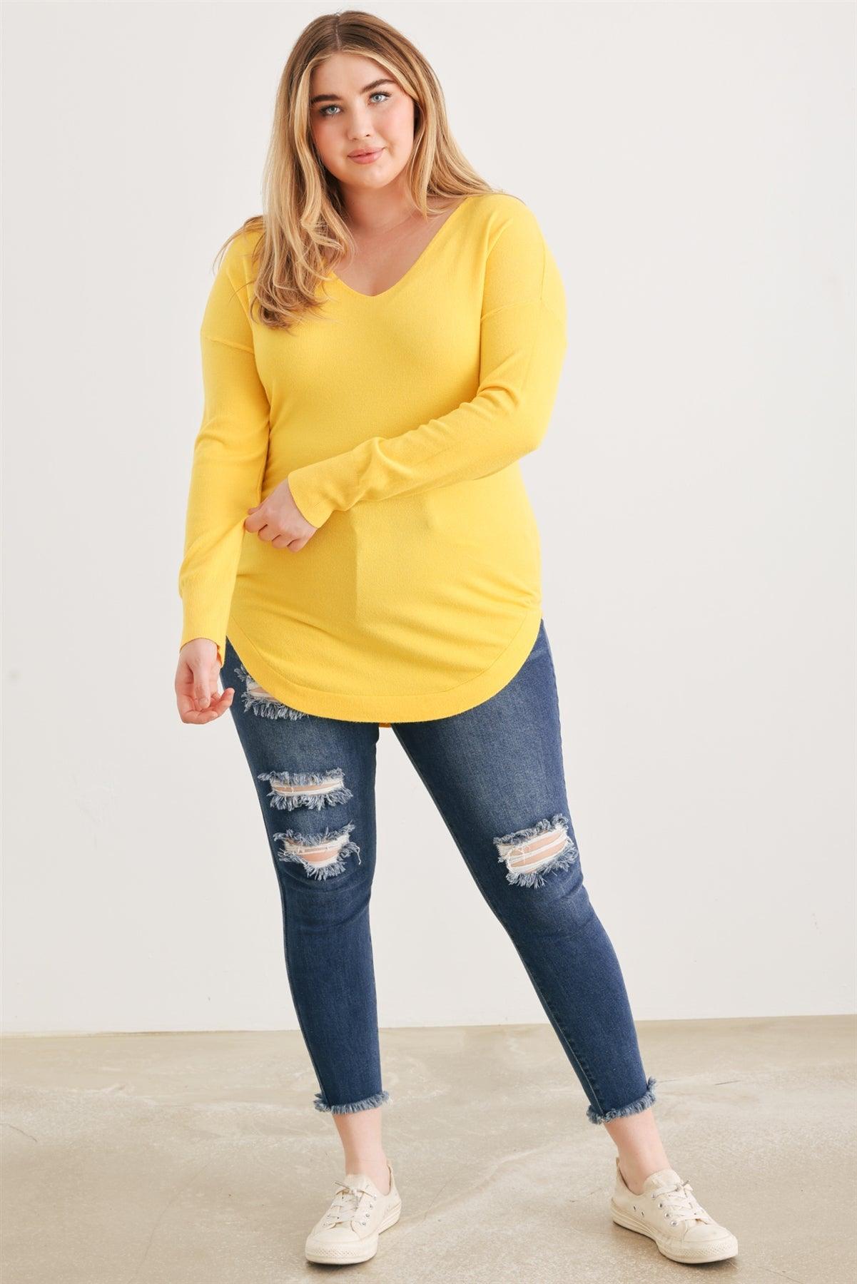 Junior Plus Yellow Knit Back Lace-Up Curved Hem Sweater /2-1-1